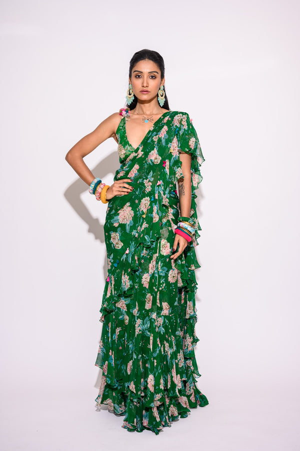 Printed Green Draped Saree